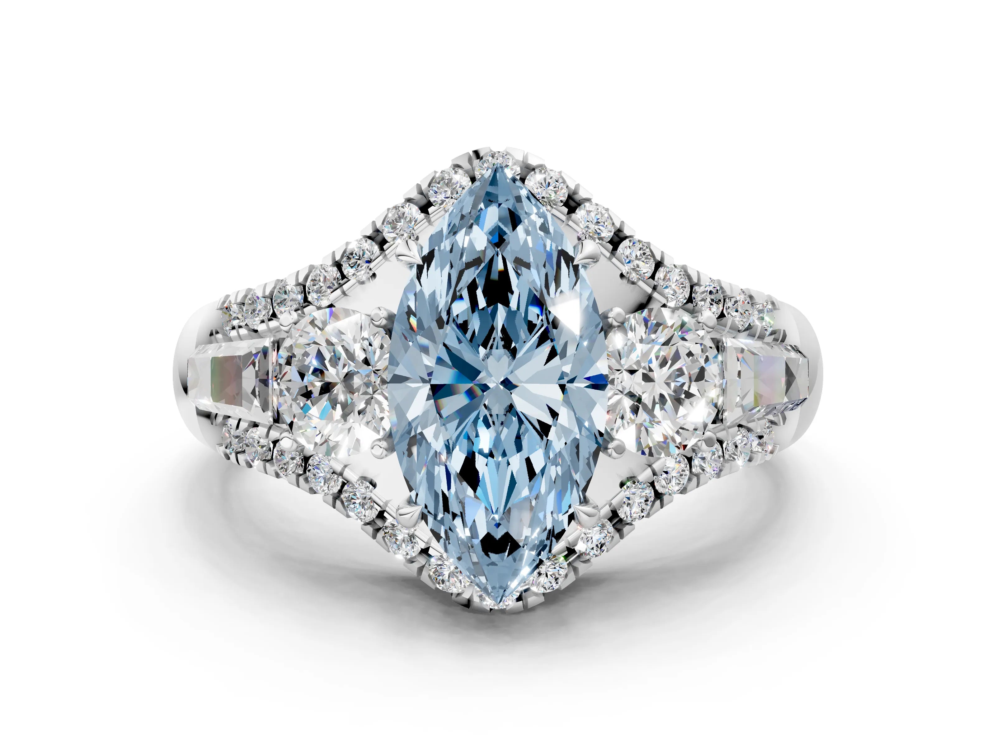 White gold Three-Stone Fancy Blue Marquise Cut Diamond Engagement Ring with Pave Band and Prong Setting_12