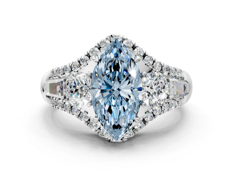 White gold Three-Stone Fancy Blue Marquise Cut Diamond Engagement Ring with Pave Band and Prong Setting_12