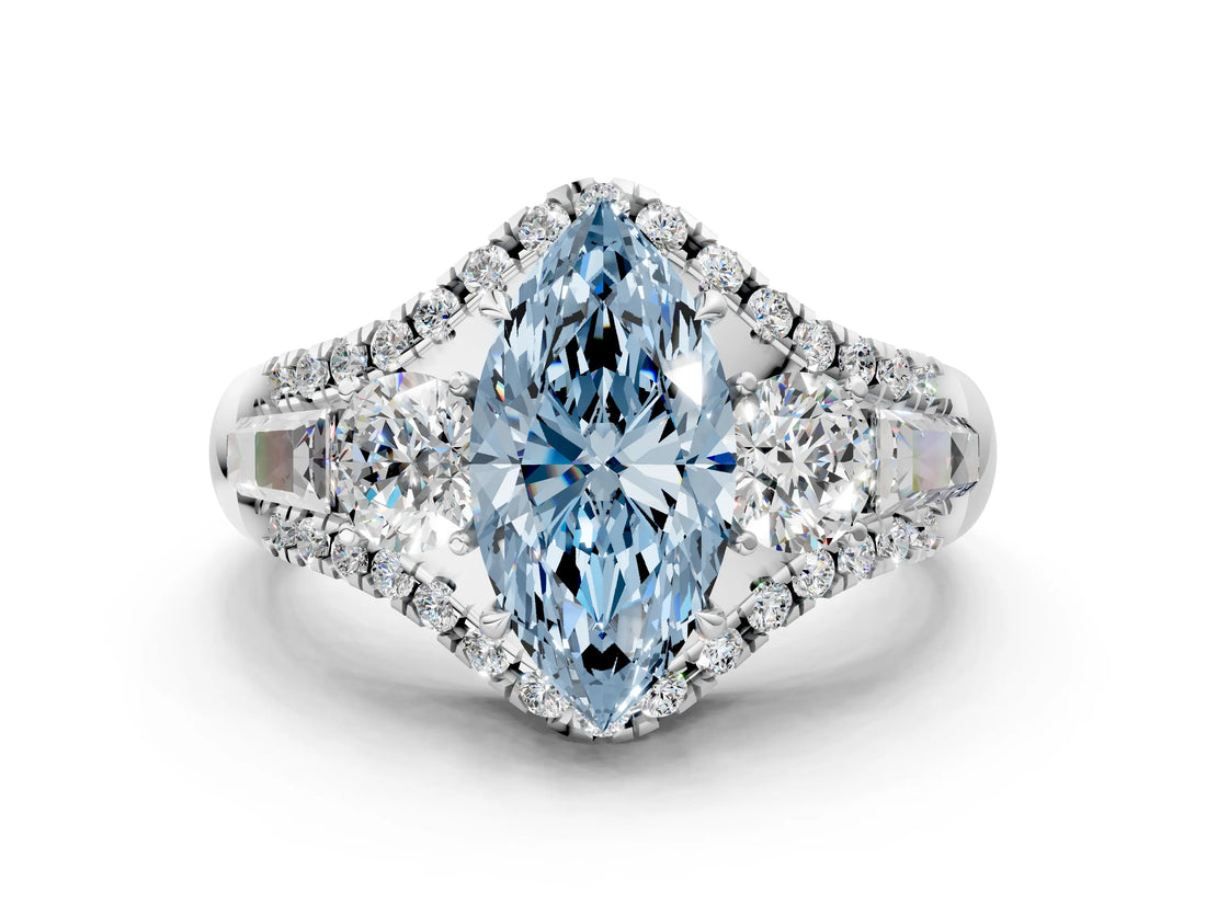 White gold Three-Stone Fancy Blue Marquise Cut Diamond Engagement Ring with Pave Band and Prong Setting_12