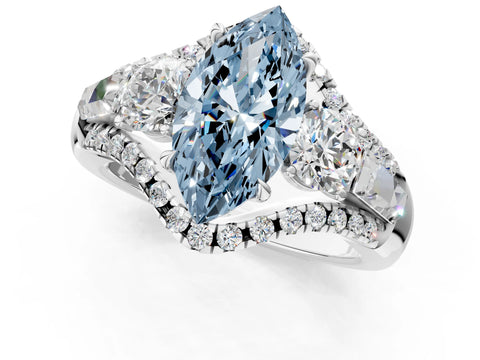 White gold Three-Stone Fancy Blue Marquise Cut Diamond Engagement Ring with Pave Band and Prong Setting_13