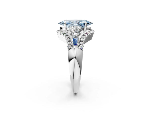 Platinum Three-Stone Fancy Blue Marquise Cut Diamond Engagement Ring with Pave Band and Prong Setting