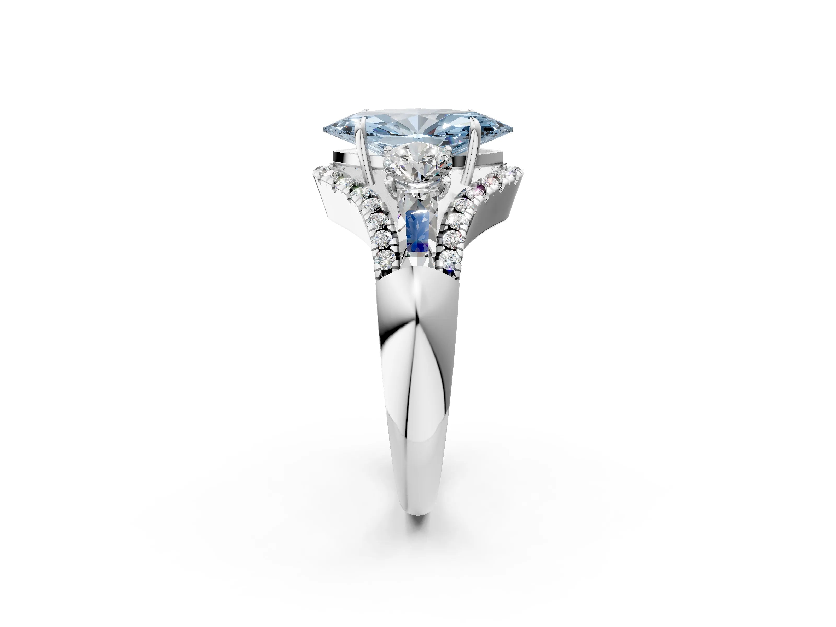 White gold Three-Stone Fancy Blue Marquise Cut Diamond Engagement Ring with Pave Band and Prong Setting_14