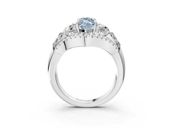 Platinum Three-Stone Fancy Blue Marquise Cut Diamond Engagement Ring with Pave Band and Prong Setting