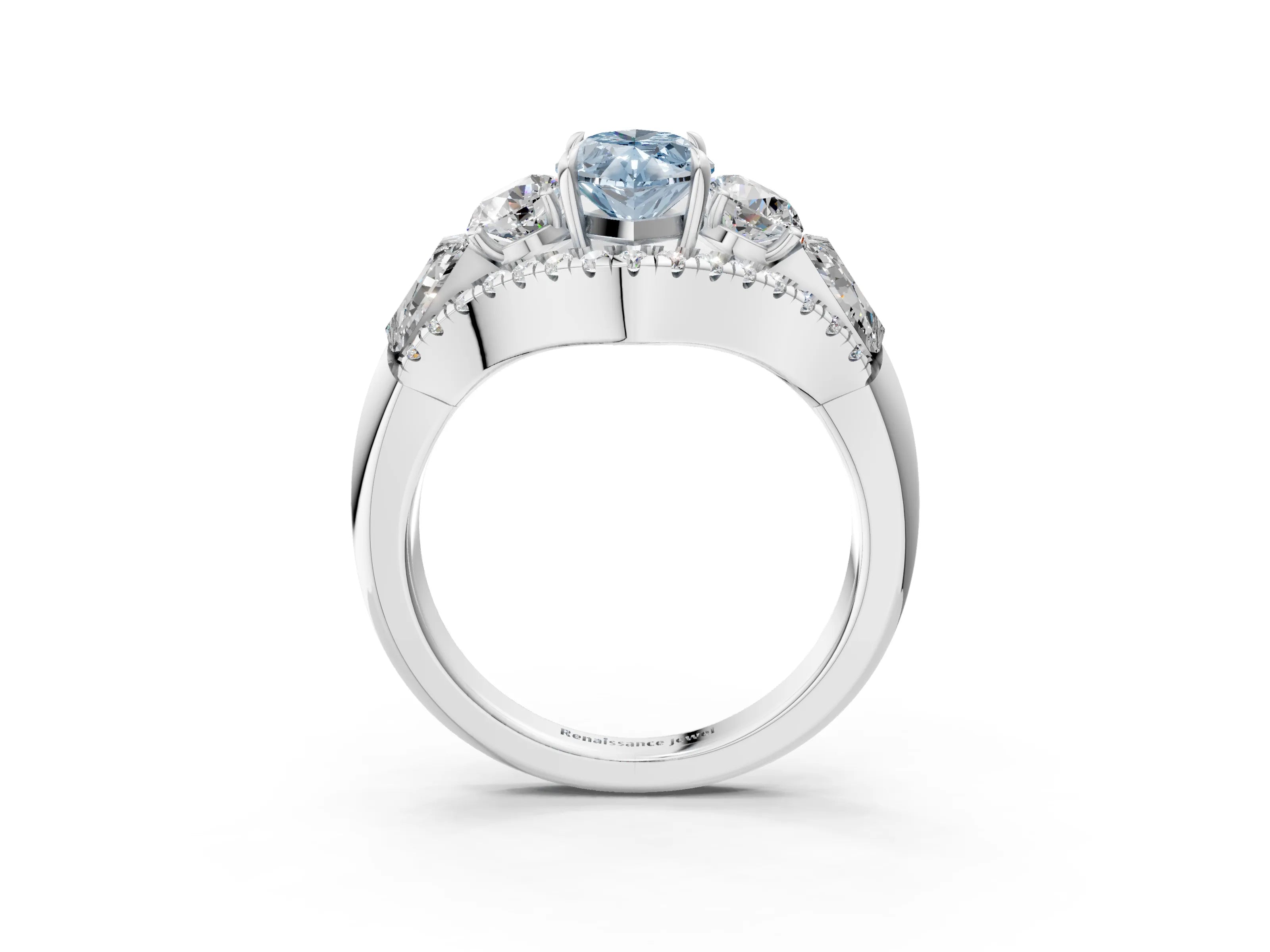 White gold Three-Stone Fancy Blue Marquise Cut Diamond Engagement Ring with Pave Band and Prong Setting_15