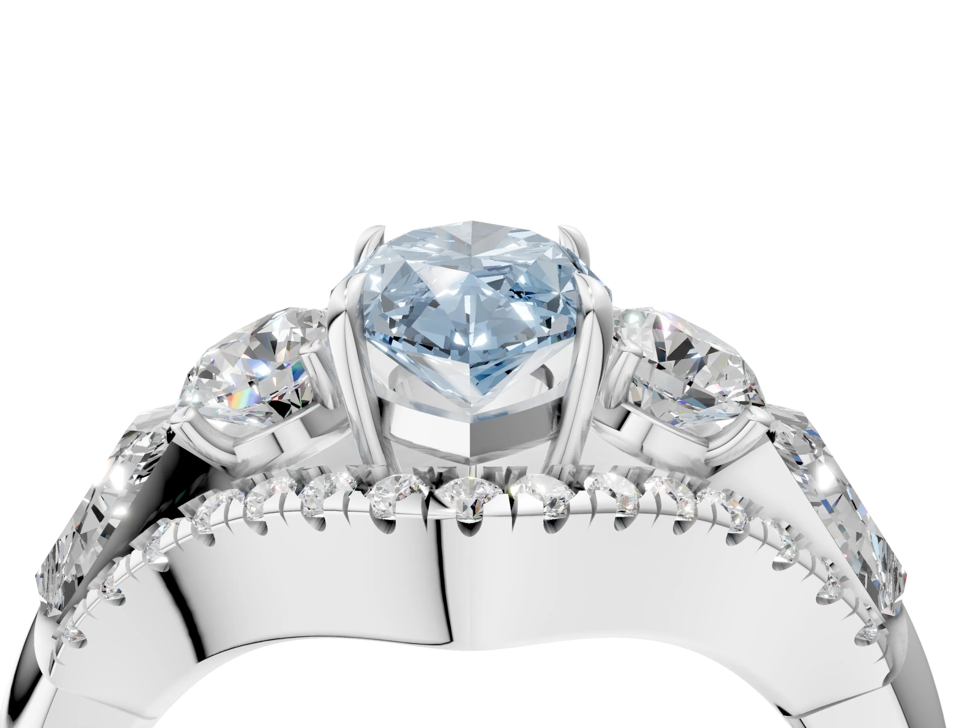 White gold Three-Stone Fancy Blue Marquise Cut Diamond Engagement Ring with Pave Band and Prong Setting_16