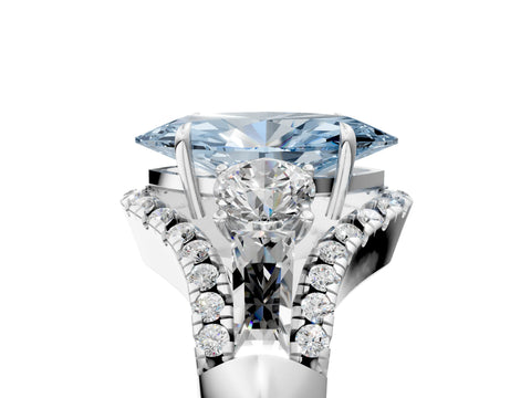 White gold Three-Stone Fancy Blue Marquise Cut Diamond Engagement Ring with Pave Band and Prong Setting_17