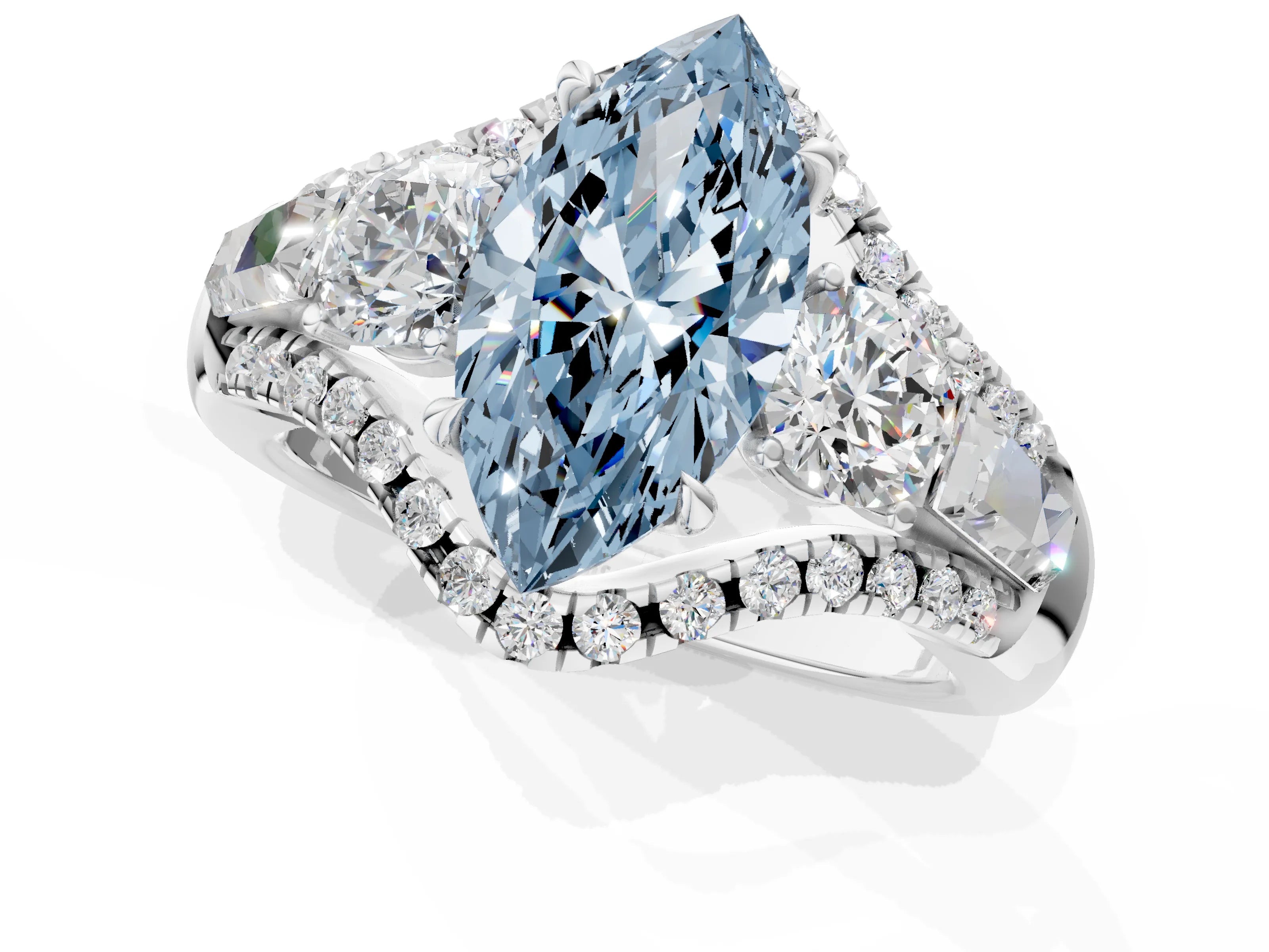 White gold Three-Stone Fancy Blue Marquise Cut Diamond Engagement Ring with Pave Band and Prong Setting_1
