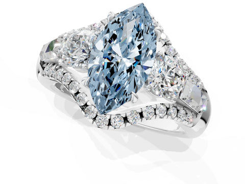 White gold Three-Stone Fancy Blue Marquise Cut Diamond Engagement Ring with Pave Band and Prong Setting_1