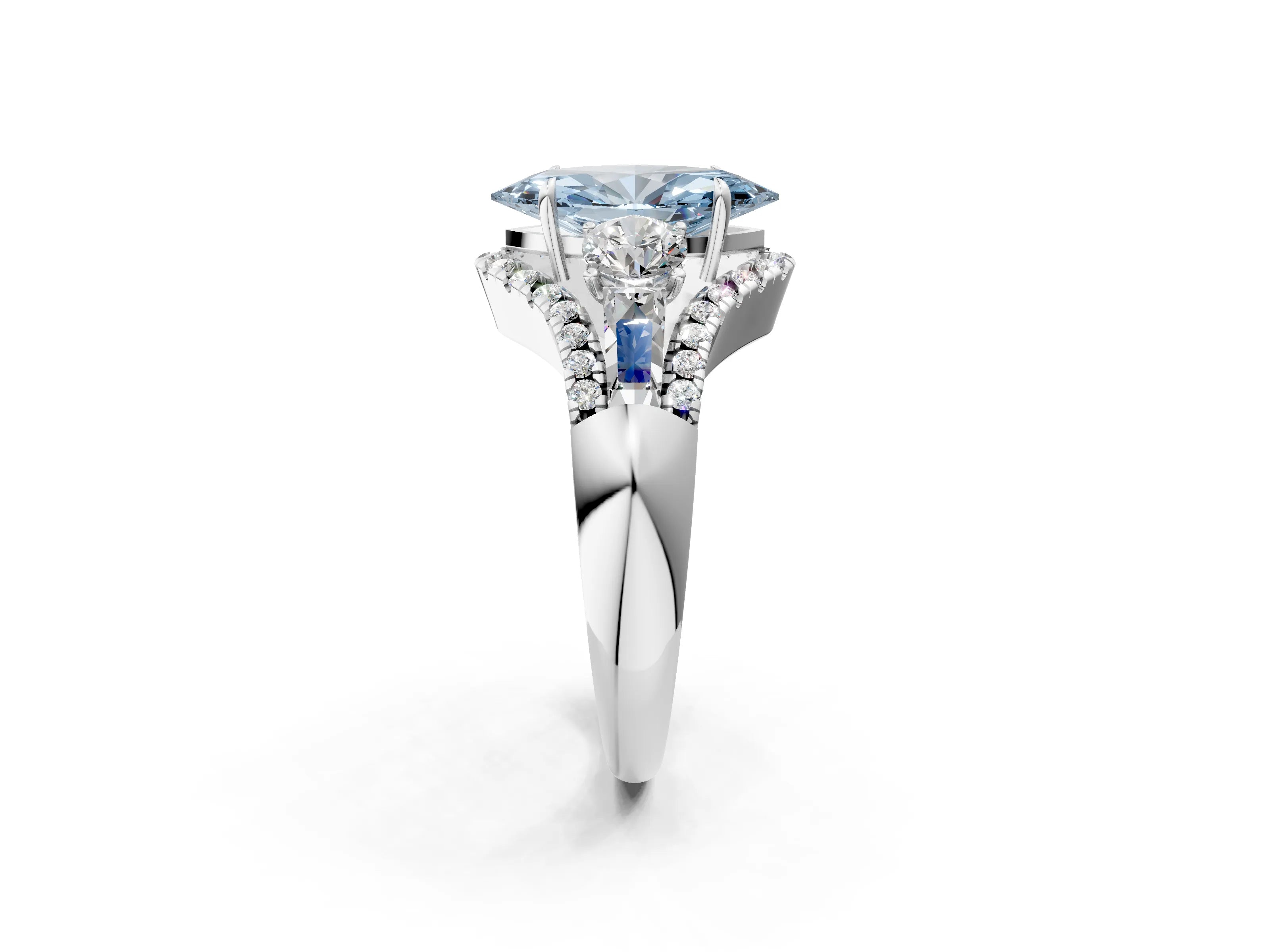White gold Three-Stone Fancy Blue Marquise Cut Diamond Engagement Ring with Pave Band and Prong Setting_2