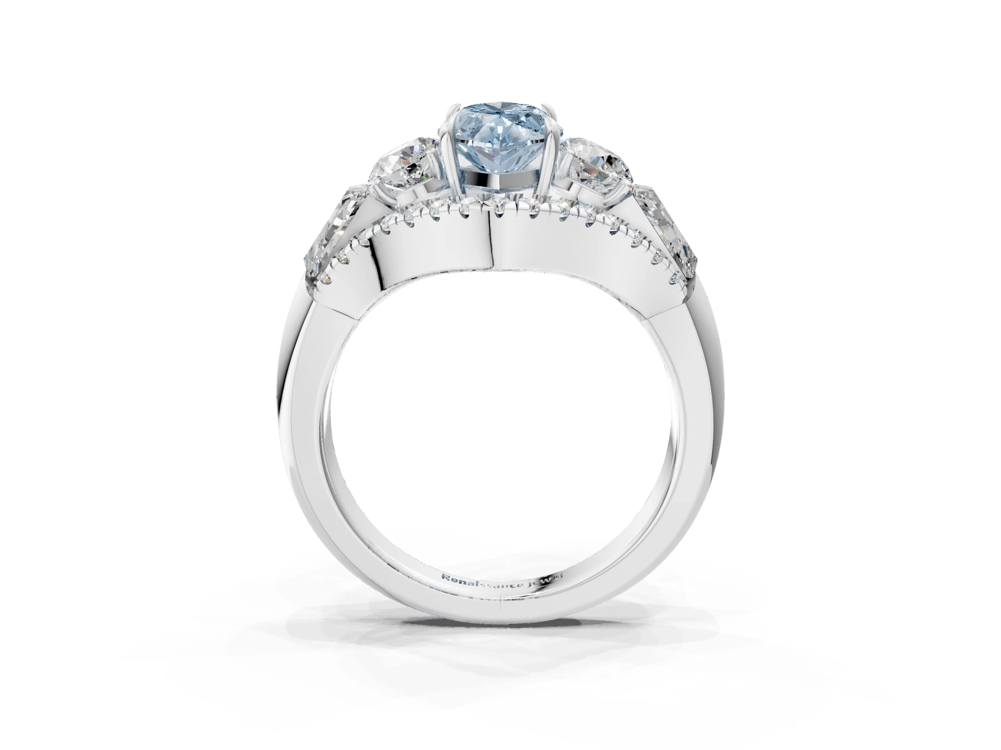 White gold Three-Stone Fancy Blue Marquise Cut Diamond Engagement Ring with Pave Band and Prong Setting_3
