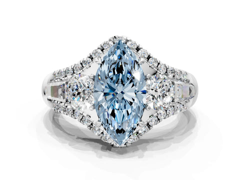 White gold Three-Stone Fancy Blue Marquise Cut Diamond Engagement Ring with Pave Band and Prong Setting