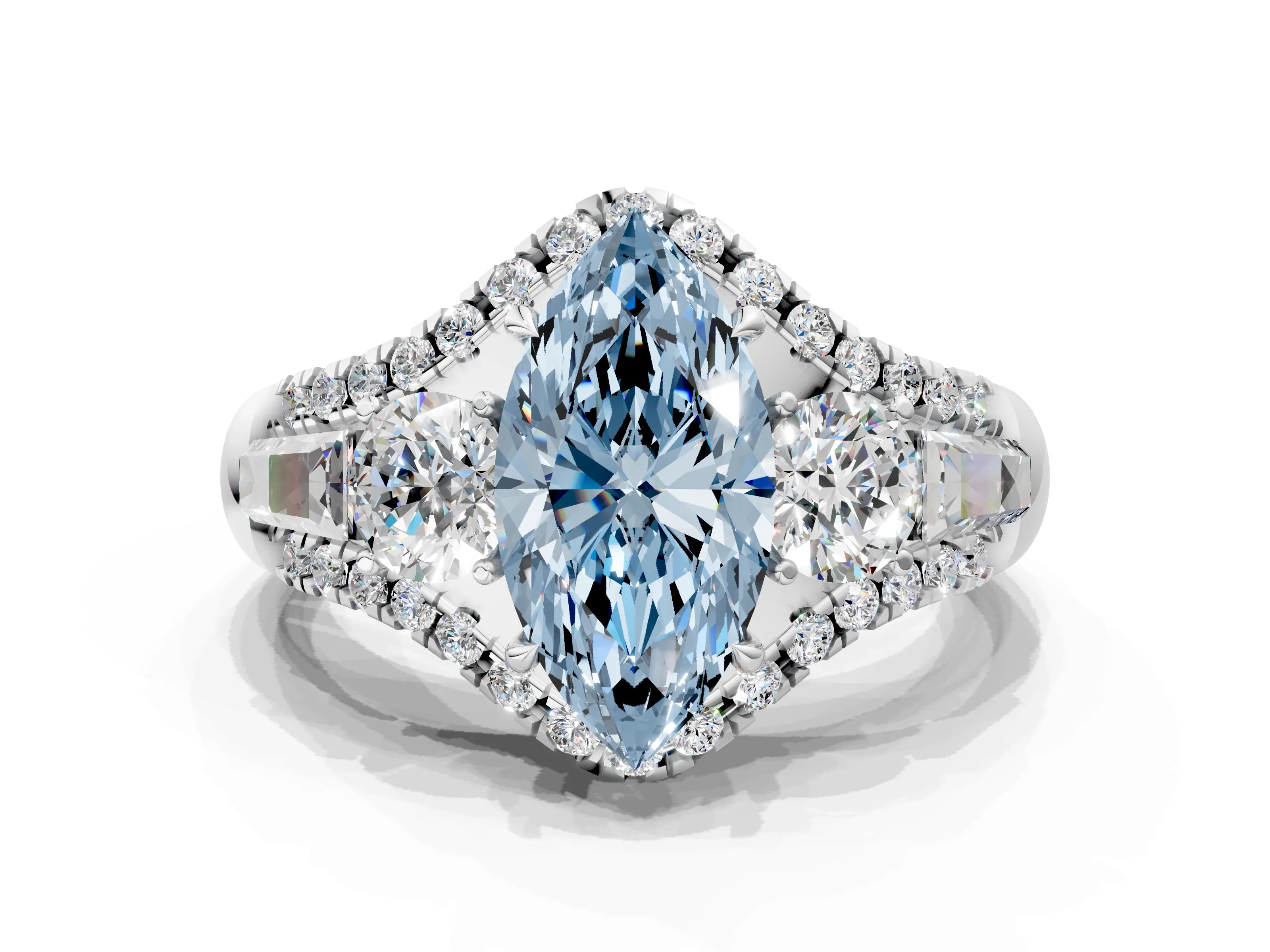 White gold Three-Stone Fancy Blue Marquise Cut Diamond Engagement Ring with Pave Band and Prong Setting