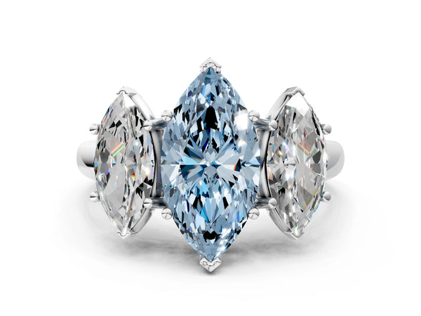 Platinum Three-Stone Fancy Blue Marquise Cut Diamond Engagement Ring with Prong Setting
