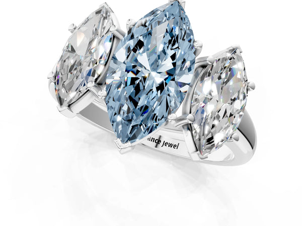 Platinum Three-Stone Fancy Blue Marquise Cut Diamond Engagement Ring with Prong Setting