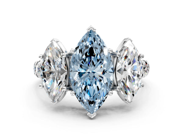 Platinum Three-Stone Fancy Blue Marquise Cut Diamond Pavé Band with Prong Setting