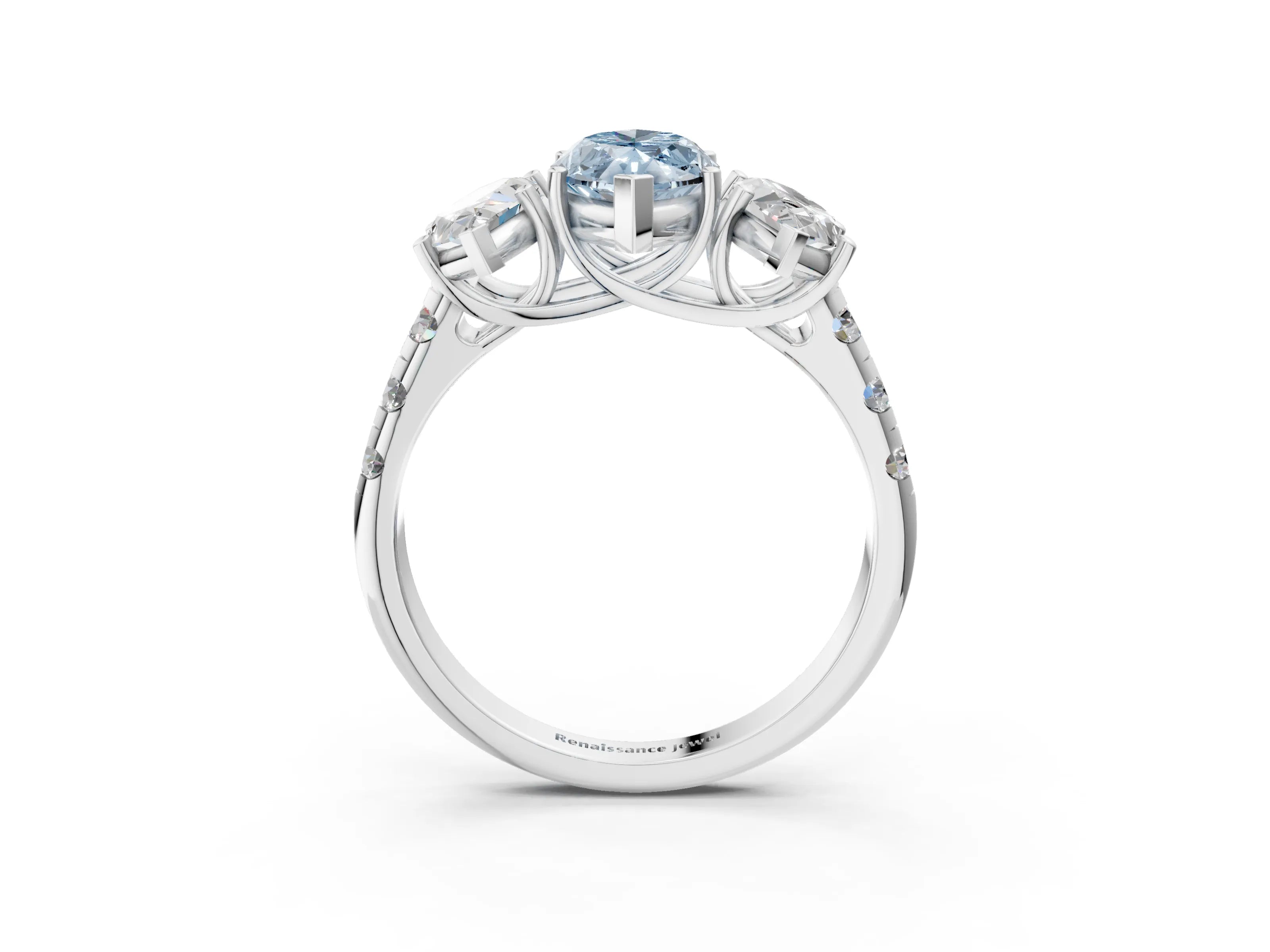 White gold Three-Stone Fancy Blue Marquise Cut Diamond Pavé Band with Prong Setting_3