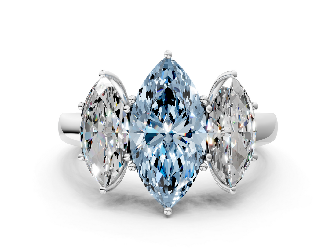 White gold Three-Stone Fancy Blue Marquise  Cut Diamond Ring with Channel-Set Band and Four-Prong Setting_78