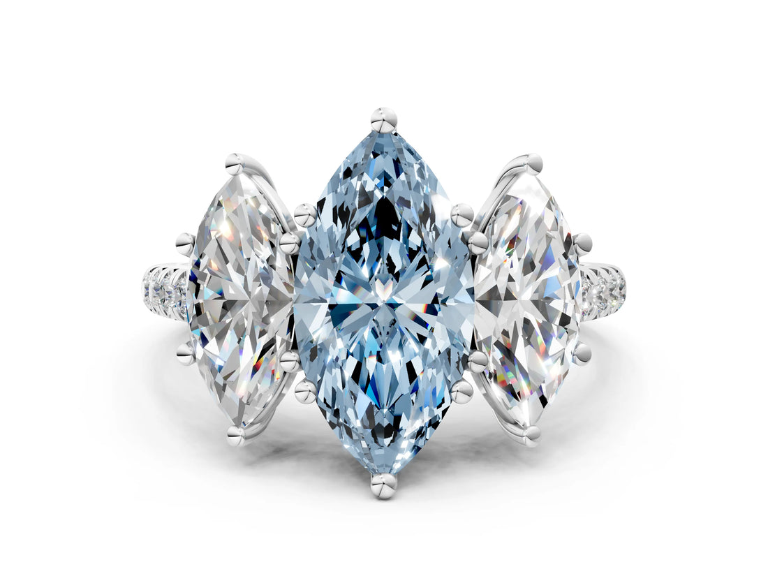 White gold Three-Stone Fancy Blue Marquise Cut Diamond Ring with Pavé Band and Prong Setting_119