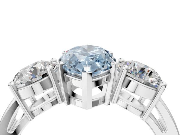 Platinum Three-Stone Fancy Blue Marquise Cut Diamond Ring with Round Side Stones, Classic Band, and Four-Prong Setting
