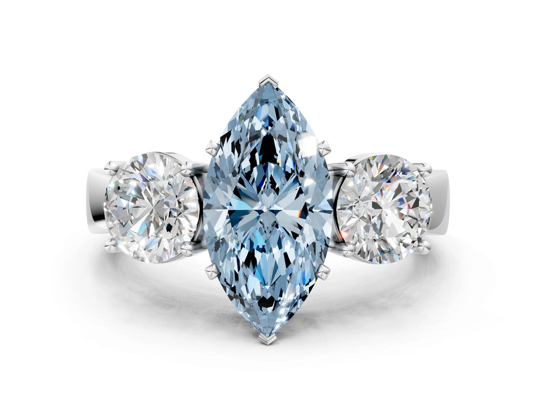 White gold Three-Stone Fancy Blue Marquise Cut Diamond Ring with Round Side Stones, Classic Band, and Four-Prong Setting_42