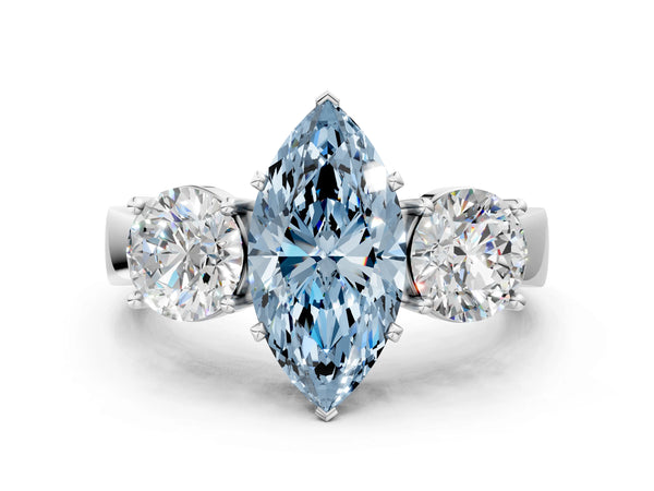 Platinum Three-Stone Fancy Blue Marquise Cut Diamond Ring with Round Side Stones, Classic Band, and Four-Prong Setting