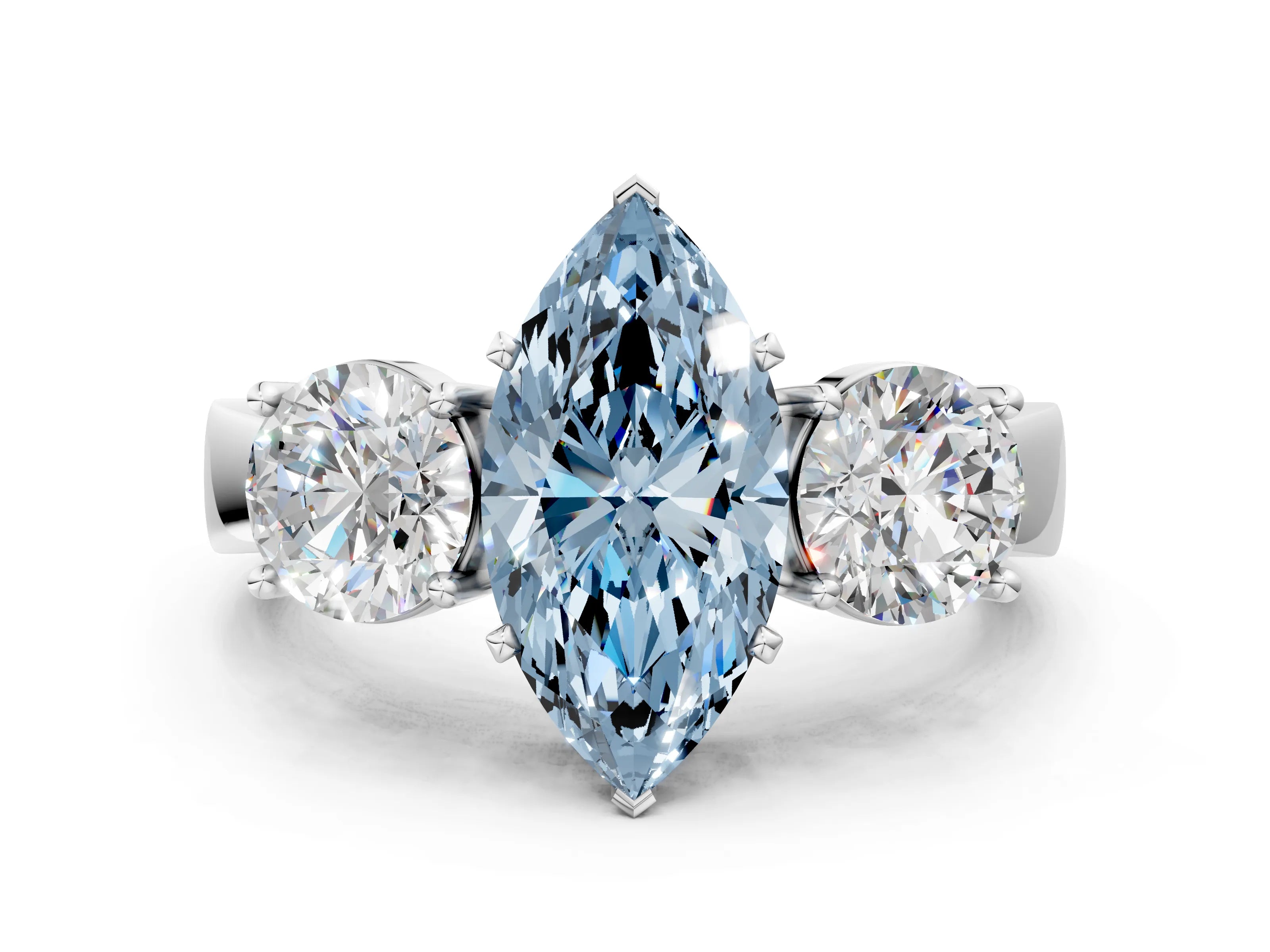 White gold Three-Stone Fancy Blue Marquise Cut Diamond Ring with Round Side Stones, Classic Band, and Four-Prong Setting_48
