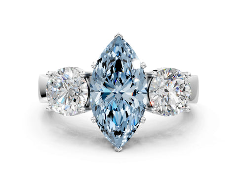 White gold Three-Stone Fancy Blue Marquise Cut Diamond Ring with Round Side Stones, Classic Band, and Four-Prong Setting_48