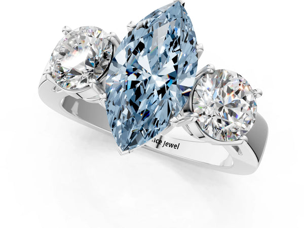 Platinum Three-Stone Fancy Blue Marquise Cut Diamond Ring with Round Side Stones, Classic Band, and Four-Prong Setting