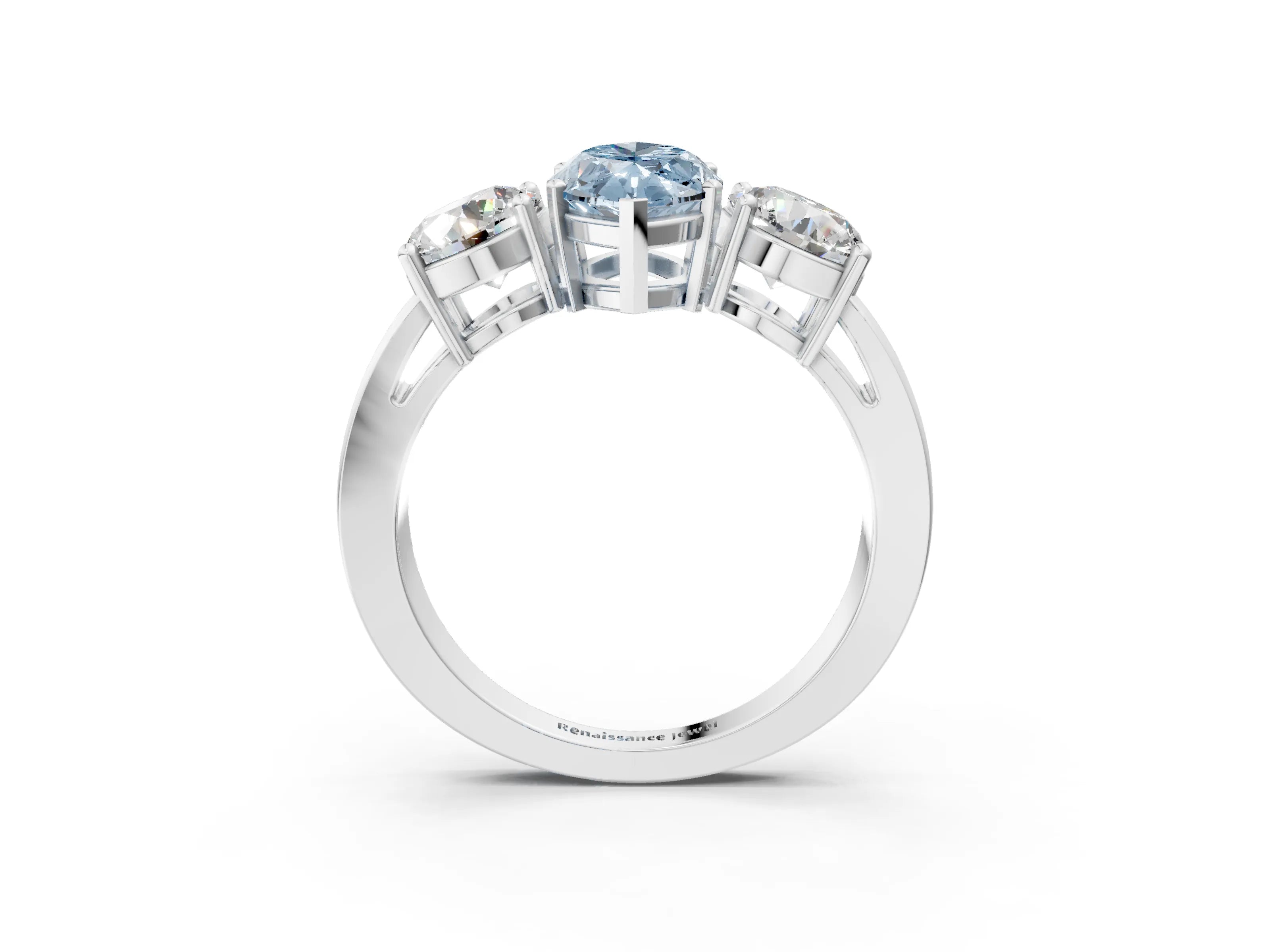 White gold Three-Stone Fancy Blue Marquise Cut Diamond Ring with Round Side Stones, Classic Band, and Four-Prong Setting_51