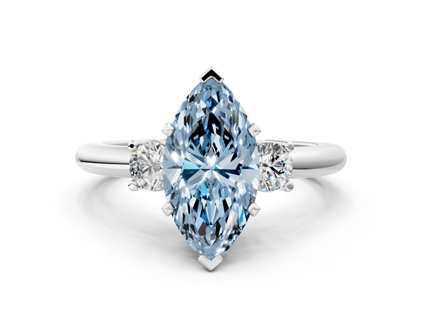Platinum Three-Stone Fancy Blue Marquise  Cut Diamond Solitaire with Prong Setting and Classic Band