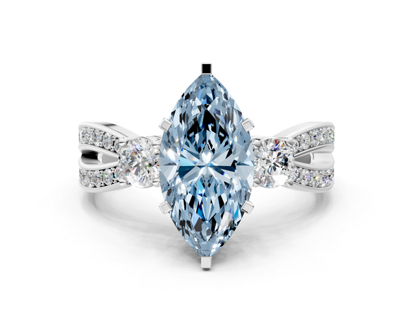 White gold Three-Stone Fancy Blue Marquise  Cut Diamond Twist Band with Prong Setting
