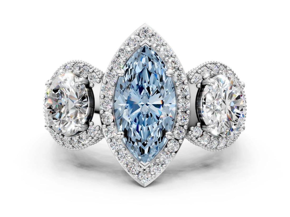 White gold Three-Stone Fancy Blue Marquise Cut Halo Diamond Milgrain Band with Four-Prong Setting