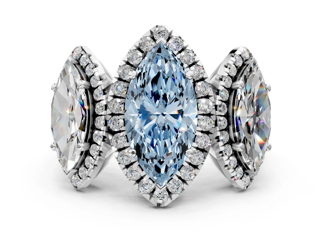 White gold Three-Stone Fancy Blue Marquise Cut Halo Diamond Ring with Pave Band and Four-Prong Setting