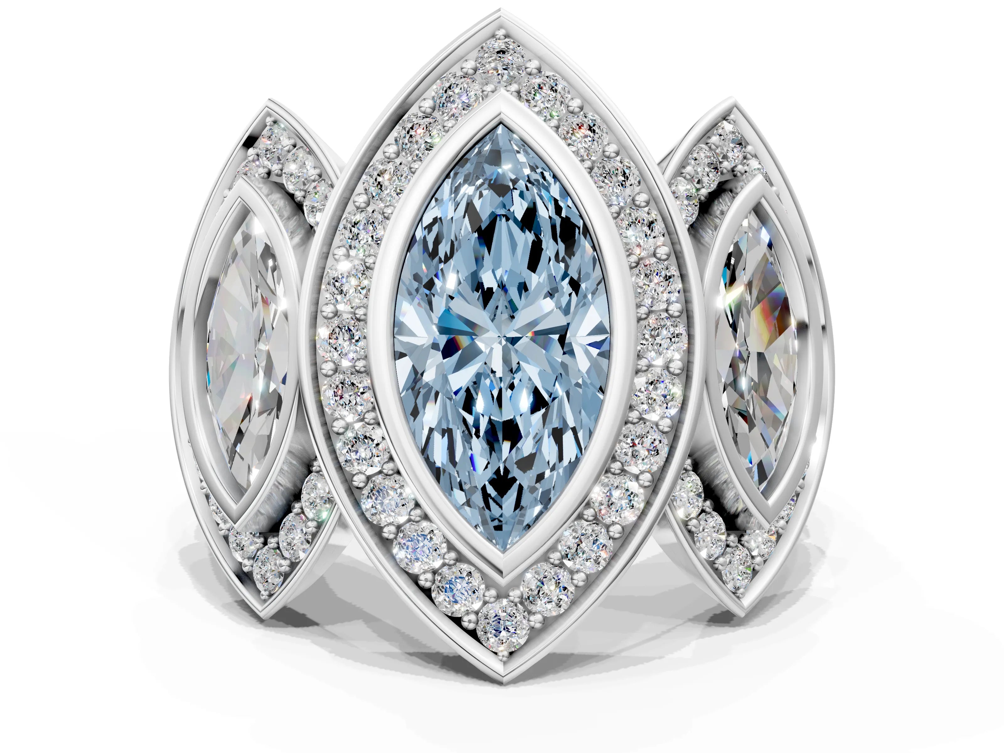 White gold Three-Stone Fancy Blue Marquise Cut Halo Pavé Diamond Ring
