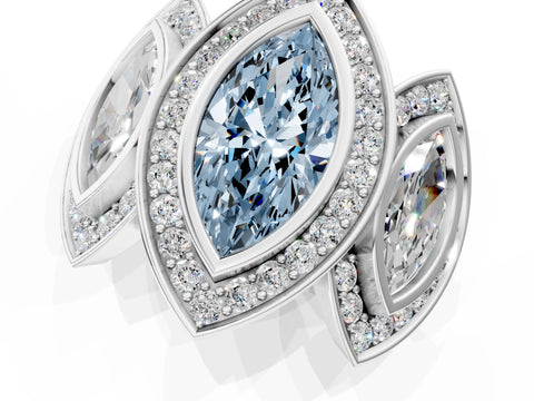 White gold Three-Stone Fancy Blue Marquise Cut Halo Pavé Diamond Ring_1