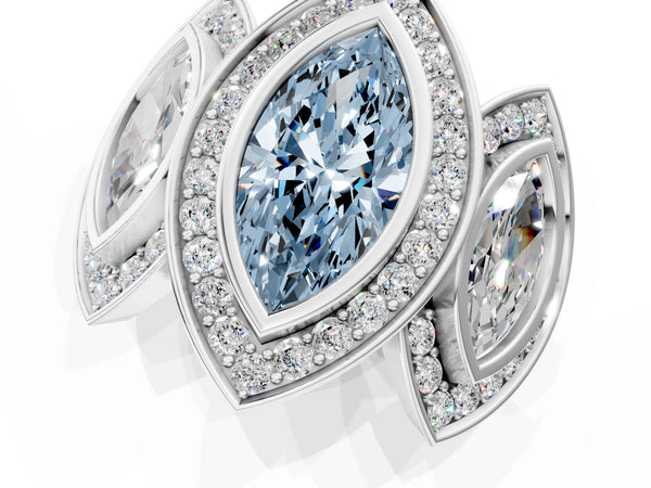 White gold Three-Stone Fancy Blue Marquise Cut Halo Pavé Diamond Ring