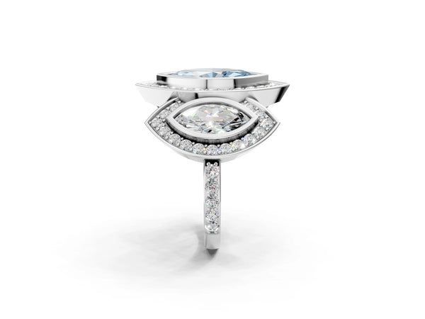 White gold Three-Stone Fancy Blue Marquise Cut Halo Pavé Diamond Ring