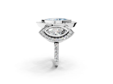 White gold Three-Stone Fancy Blue Marquise Cut Halo Pavé Diamond Ring_2