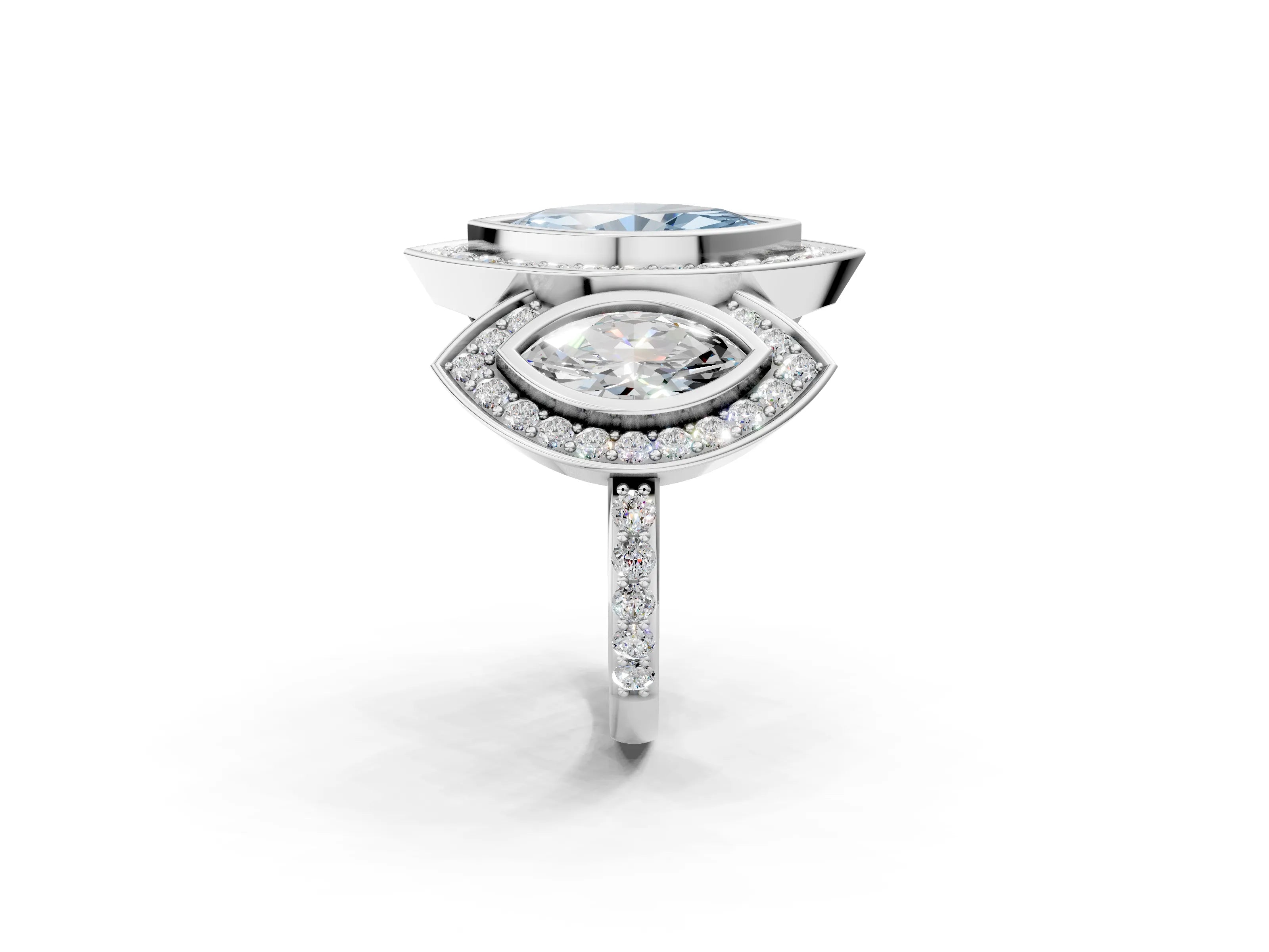 White gold Three-Stone Fancy Blue Marquise Cut Halo Pavé Diamond Ring_2