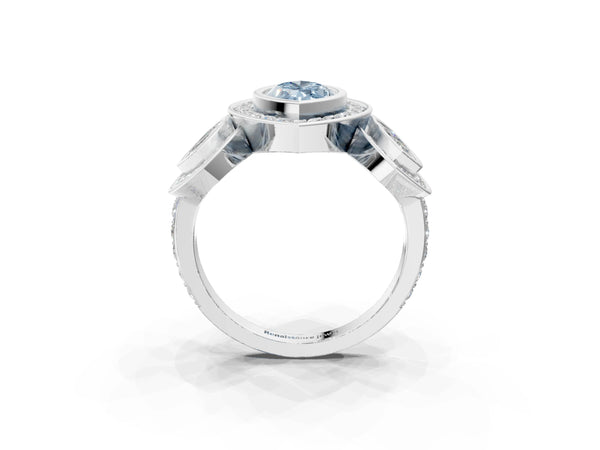 White gold Three-Stone Fancy Blue Marquise Cut Halo Pavé Diamond Ring
