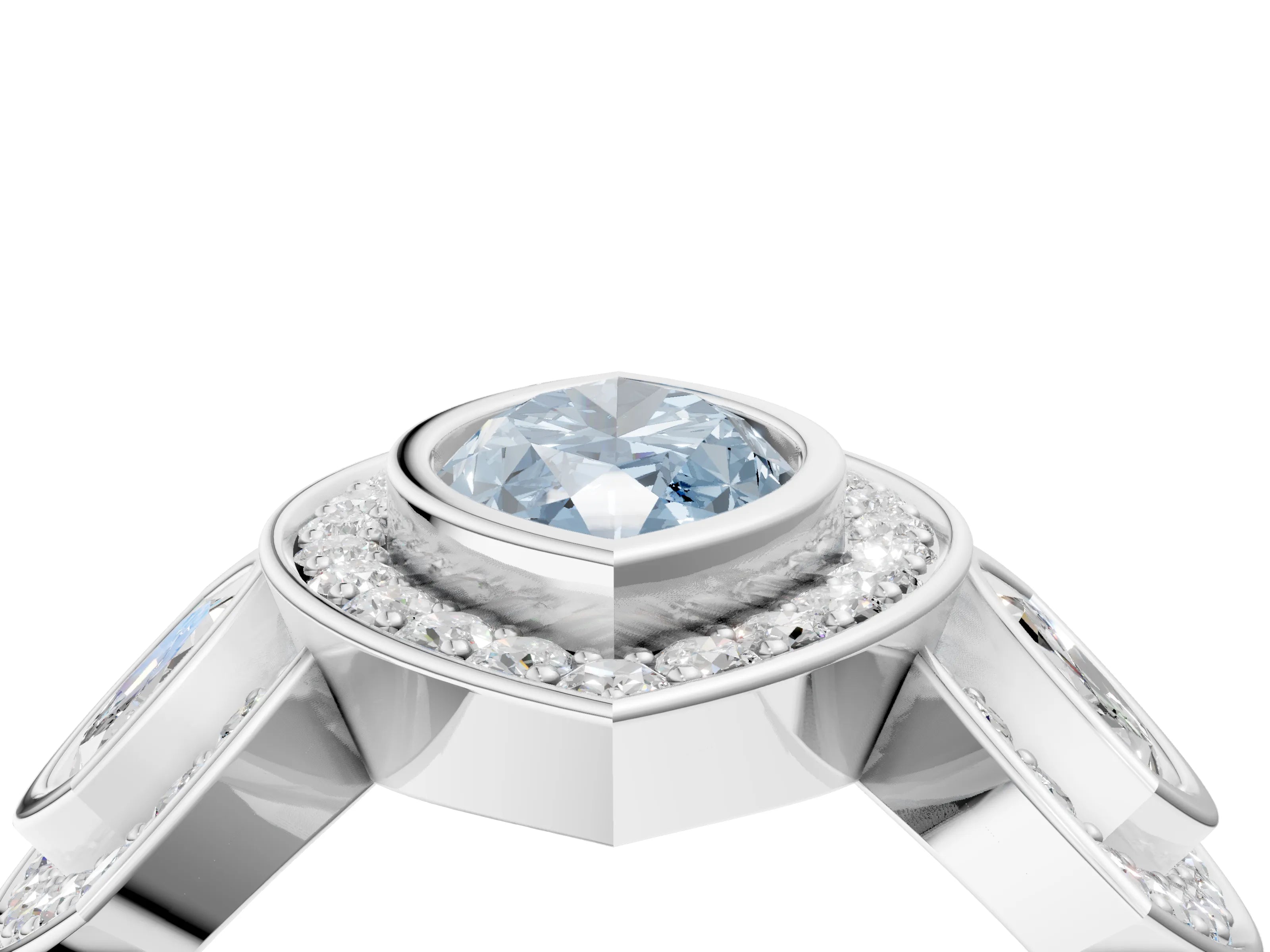 White gold Three-Stone Fancy Blue Marquise Cut Halo Pavé Diamond Ring_4