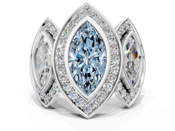 White gold Three-Stone Fancy Blue Marquise Cut Halo Pavé Diamond Ring