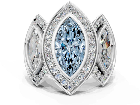 White gold Three-Stone Fancy Blue Marquise Cut Halo Pavé Diamond Ring