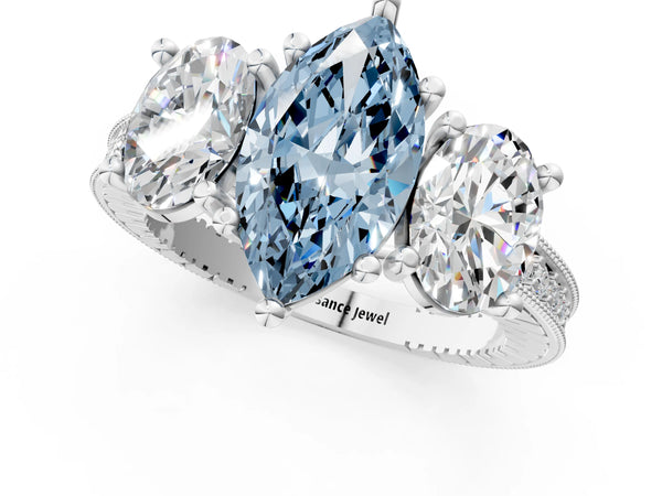 White gold Three-Stone Fancy Blue Marquise  Diamond Milgrain Pave Band with Prong Setting