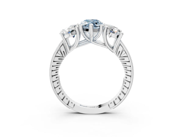 White gold Three-Stone Fancy Blue Marquise  Diamond Milgrain Pave Band with Prong Setting