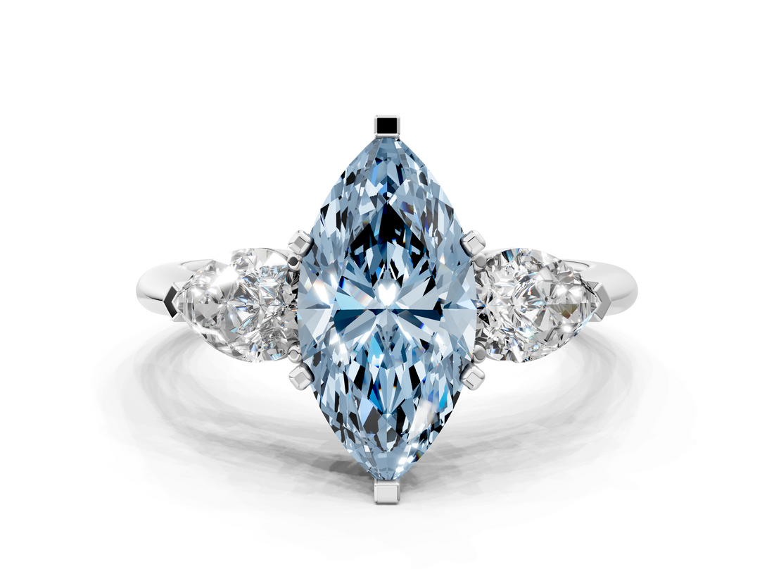 White gold Three-Stone Fancy Blue Marquise  Diamond Ring with Pear Side Stones in Four-Prong Setting_40
