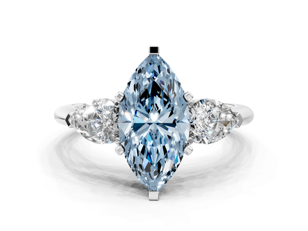 Platinum Three-Stone Fancy Blue Marquise Cut Diamond Ring with Pear Side Stones and Four-Prong Setting