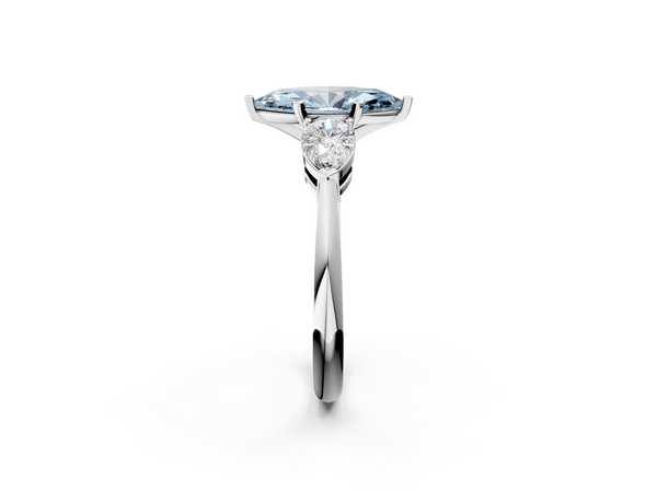Platinum Three-Stone Fancy Blue Marquise Cut Diamond Ring with Pear Side Stones and Four-Prong Setting
