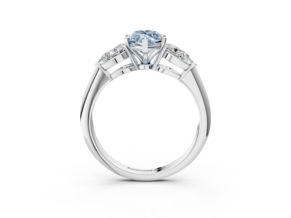 Platinum Three-Stone Fancy Blue Marquise Cut Diamond Ring with Pear Side Stones and Four-Prong Setting