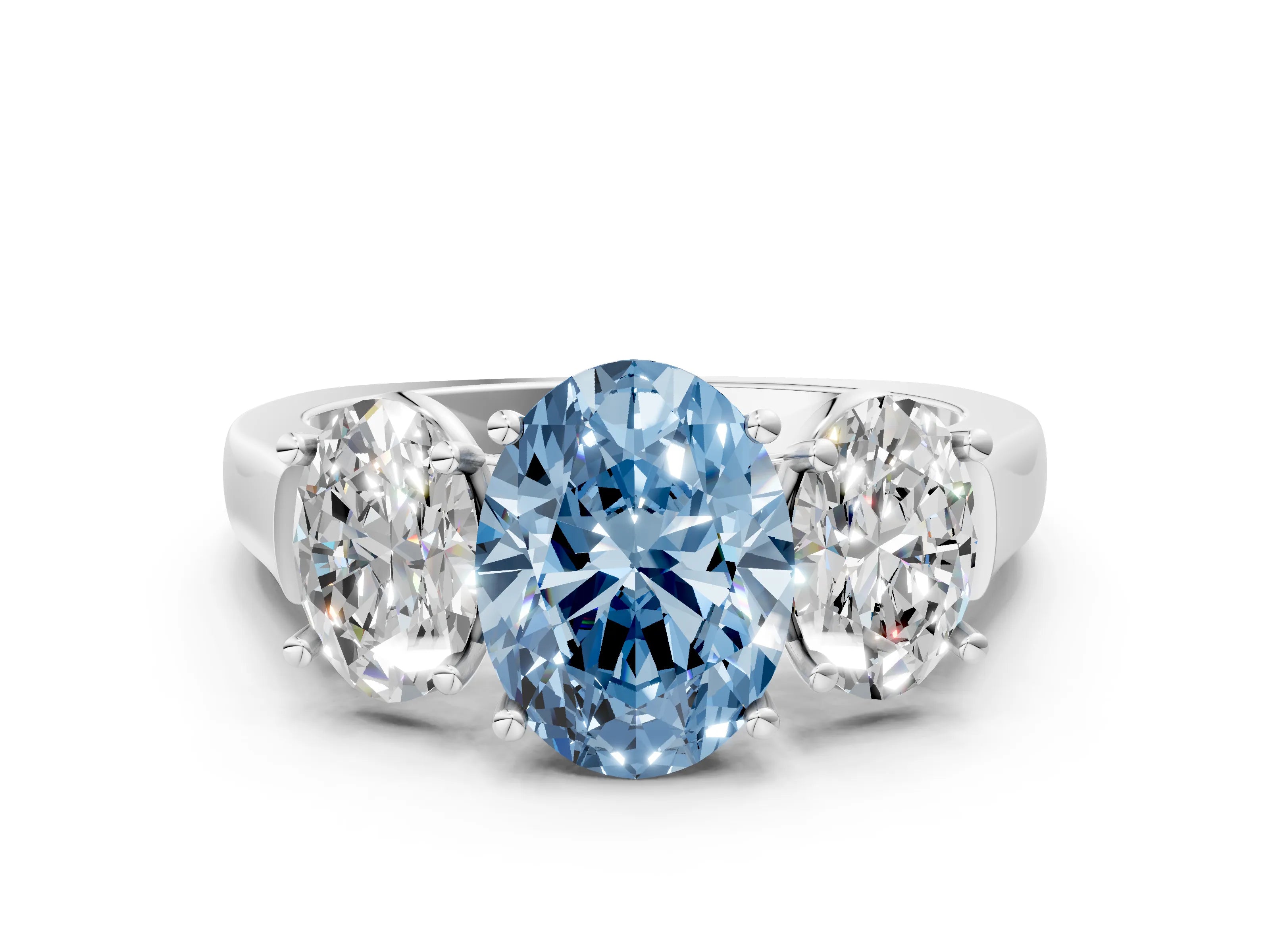 White gold Three-Stone Fancy Blue Oval Cut Brilliant Diamond Trellis Ring with Comfort Fit Band_12